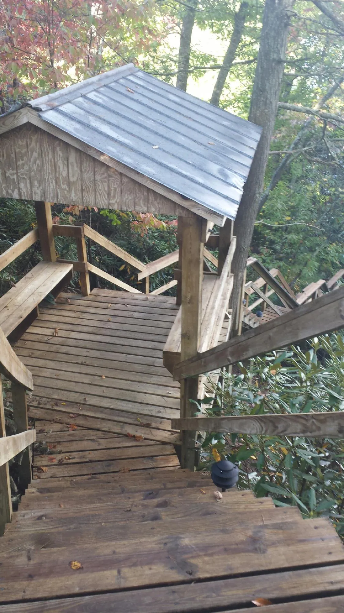 Metal roofed shelter over wooden steps on a wooded walkway — Skylight Repair & Installation work by our crew in Lodi